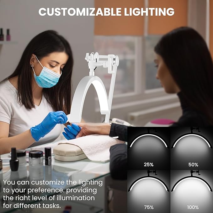 3000 Lm Adjustable LED Half Moon Light with Clamp & Task Lamp - Bright, Dimmable Lighting for Office, Crafts, Nails &Salon, Remote Control (CCT，White)