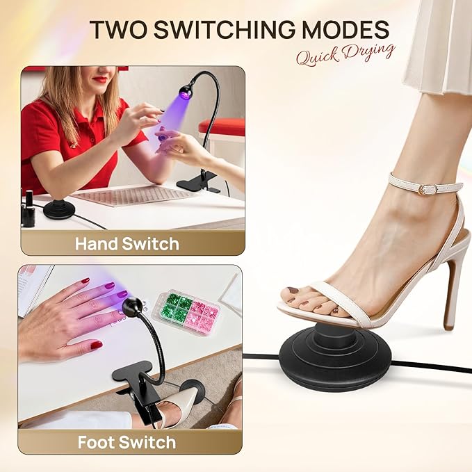 AORAEM UV LED Nail Lamp, Quick Drying UV Light for Gel Nails Foot Control LED Nail Cure Lamp, Flash Cure Light with Black Gooseneck and Clamp for Gel Nails