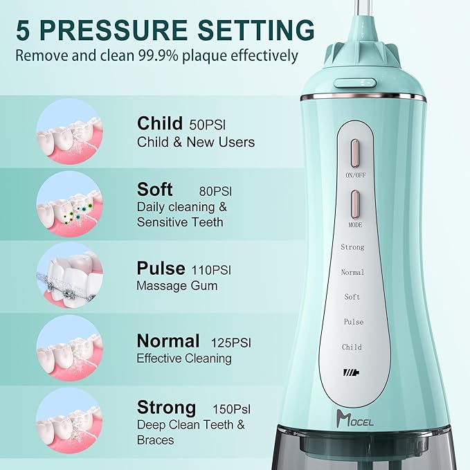 Water Dental Flosser for Teeth - 350ML Large Tank 5 Modes & 6 Tips Cordless, Oral Irrigator Waterproof, Portable Teeth Cleaning and Flossing with Effective Plaque Remover for Adults (Green)