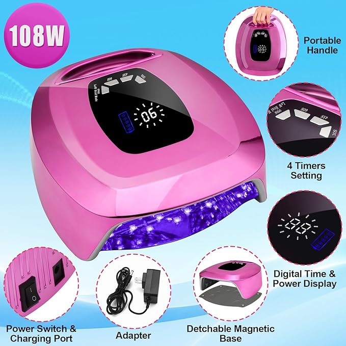 UV LED Nail Lamp Dryers Cordless 108W Rechargeable Portable UV Light for Gel Nails Polish Kit,Fast Curing Poly Builder Gel Lamp with Sensor Metal Base 4 Timer 35 LEDs,Professional Manicure Art Tools