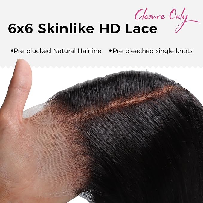 Lashey 6x6 SKINLIKE HD Lace Closure Body Wave, 0.10mm Ultra-Thin Invisible Real HD Closure Pre Bleached Knots Pre Plucked Hairline Human Hair, 12 Inch Natural Black
