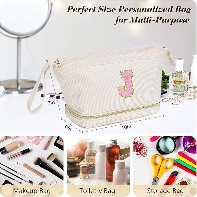 Makeup Bag for Girls Gift, Personalized Christmas Gifts Initial Women Makeup Bag for Travel, Double Layer Cosmetic Bag with Brush Organizer Preppy Make up Bag for Teen Girl Trendy - T