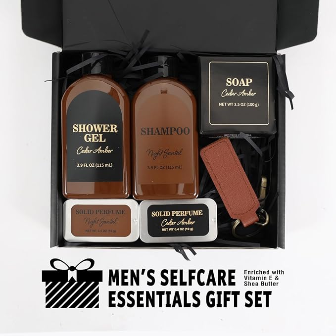 Self Care Gift Set for Men, Bath and Body Spa Gift Baskets for Men, Body & Earth Mens Cedar and Santal scented Bath Set, Father's Day Gifts