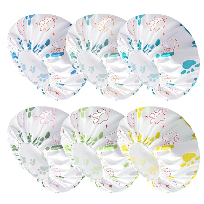 6 PCS Shower Caps for Women, Double Side Waterproof Shower Cap, Reusable Elastic Bath Caps for Shower, EVA Bathing Shower Caps, Bath Hair Caps - Paw