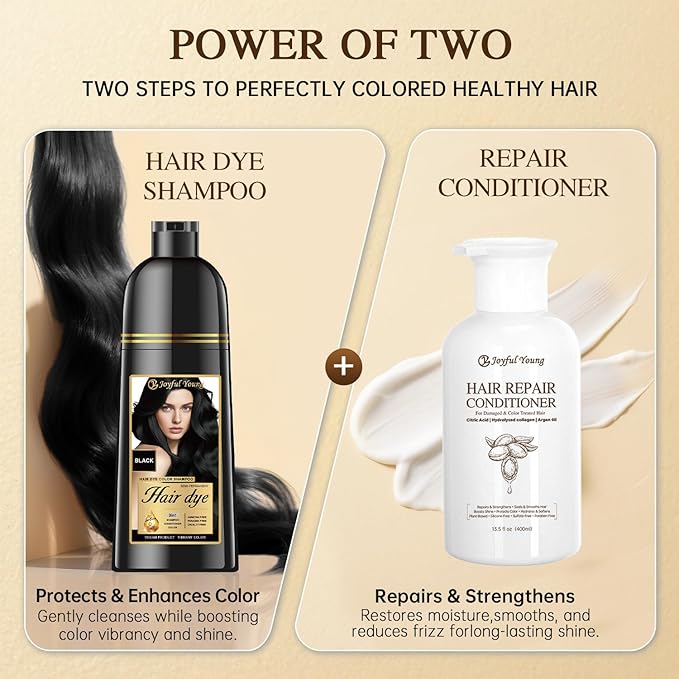 Herbal Hair Dye Shampoo 3-in-1 Vegan Color for Gray Hair - Ammonia-Free for Men & Women – Beard & Hair Coloring – Instant Gray Coverage Champú Para Canas Mujer & Hombre (BLACK)