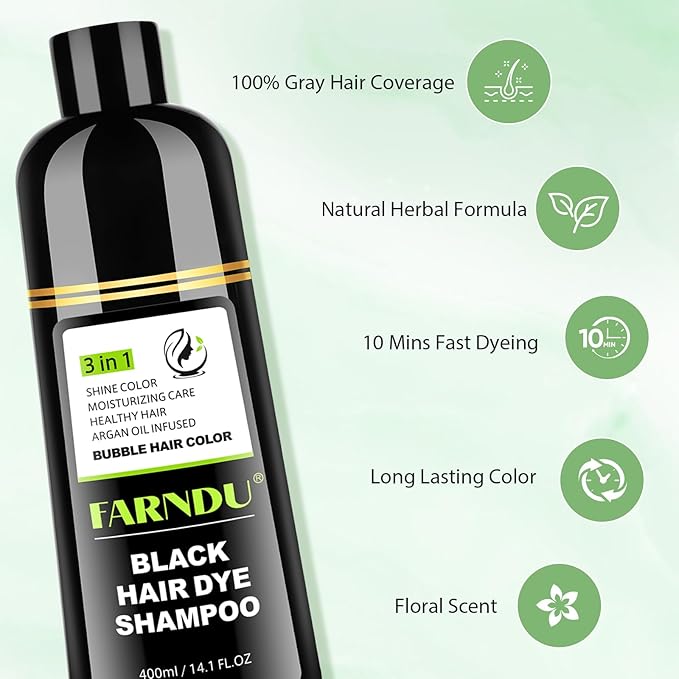 Black Hair Dye Shampoo for Women & Men, Gray Hair Coverage Herbal Natural 3 in 1 Hair Color Shampoo, Champu para canas