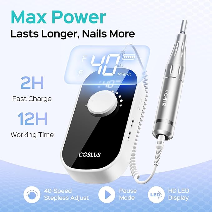 COSLUS Professional Rechargeable Electric Nail Drill 40000 RPM, Portable Nail File with Storage Stand for Acrylic Gel Polishing Removing - Easy to Use for Women, Manicure at Home DIY or Salon, White