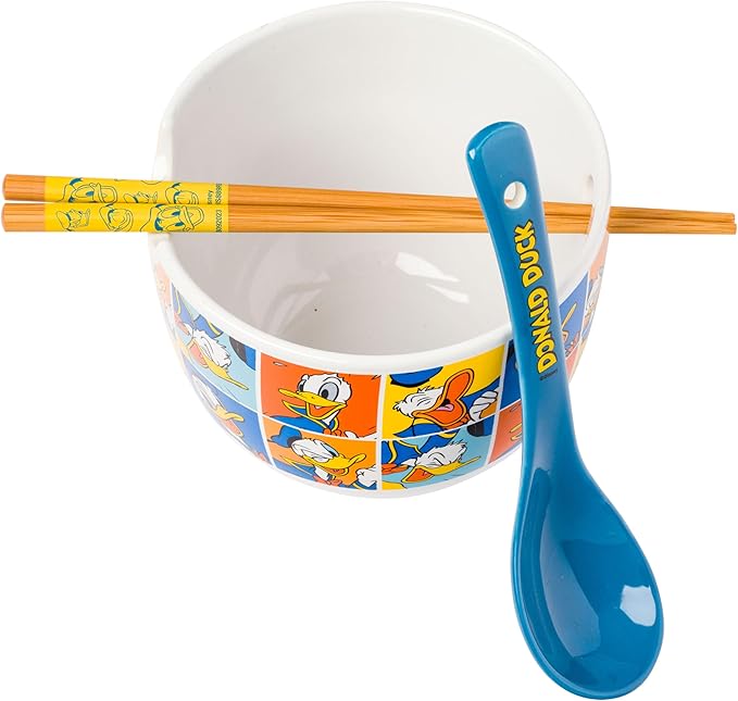 Silver Buffalo Disney Donald Duck Expressions Ceramic Ramen Noodle Rice Bowl with Chopsticks and Spoon, Microwave Safe, 20 Ounces