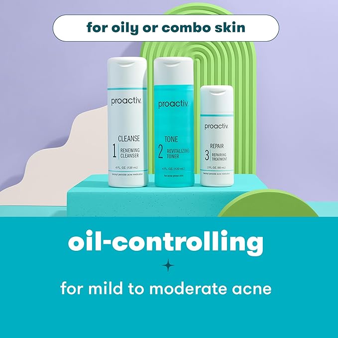 Proactiv 3 Step Acne Treatment - Benzoyl Peroxide Face Wash, Repairing Acne Spot Treatment for Face And Body, Exfoliating Toner - 60 Day Complete Acne Skin Care Kit