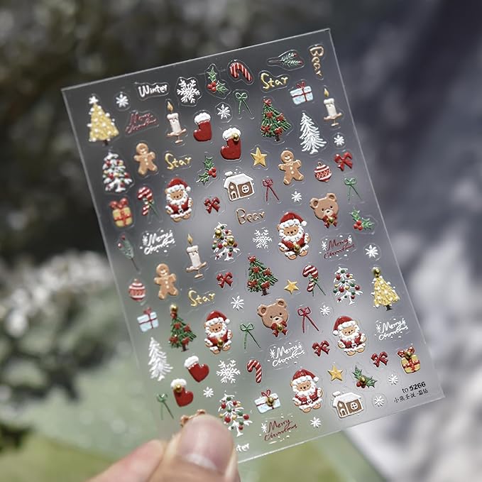 Christmas Nail Art Stickers Decals 5D Embossed Santa Claus Xmas Tree Nail Decals with Crystal 1PCS Cute Bear Bow Candy Cane Snowflake Christmas Nails Adhesive Stickers for Holiday Manicure Decorations