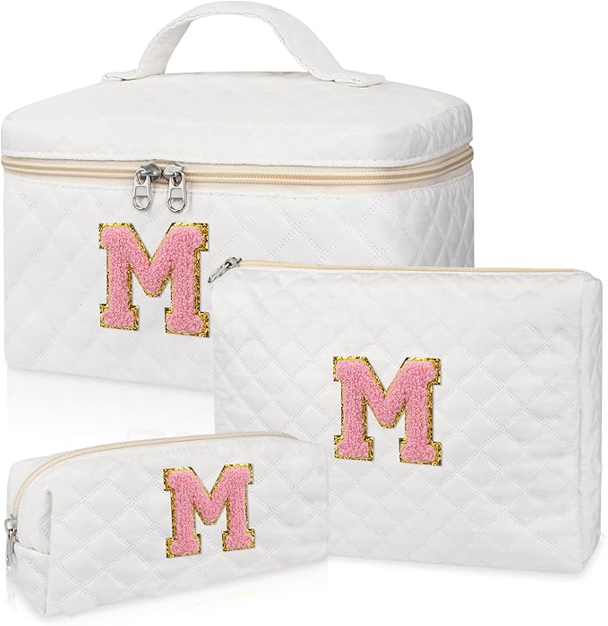 Initial Makeup Bag, Personalized Monogram Cosmetic Bag Set, Large Make up Bags | Travel Toiletry Bag | Makeup Bag for Girls Teen Girl Friend Sister Wife Girlfriend Gifts Daughter (Letter M)