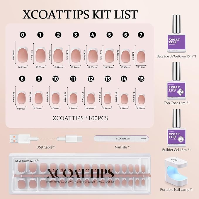 BTArtboxnails XCOATTIPS French Tip Nails - Short Square Brown Nail Tips with Nail Gel, French Protecing Duo, Nail Lamp, All in One Gel Nail Extension Kit