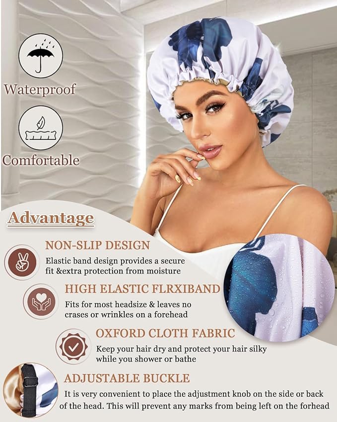 Shower Caps for Women Waterproof Reusable… (Blue Flower)