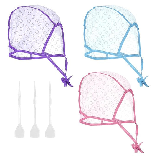 3PCS Highlight Cap, Hair Highlighting Caps With 3 Plastic Crochet Hooks Highlighting Kit for Hair Coloring Salon Dyeing Bleach Salon and DIY Hairdressing Supplies(Pink Blue Purple)