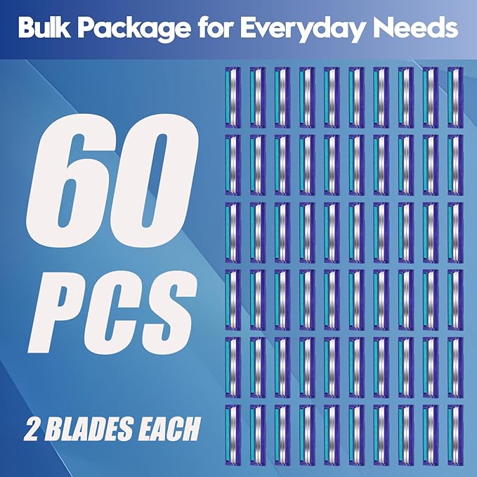 Twin Blade Disposable Razors for Men & Women – 60 Pack Bulk Stainless Steel Shavers with Lubricating Strip & Safety Cap, Non-Slip Handle for Sensitive Skin, Travel, Hotel, Charity (Blue)