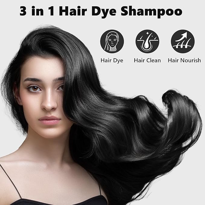 Black Hair Dye Shampoo 3 in 1, Herbal Ingredients Hair Color Shampoo for Cover Grey Hair, Hair Dye for Men and Women