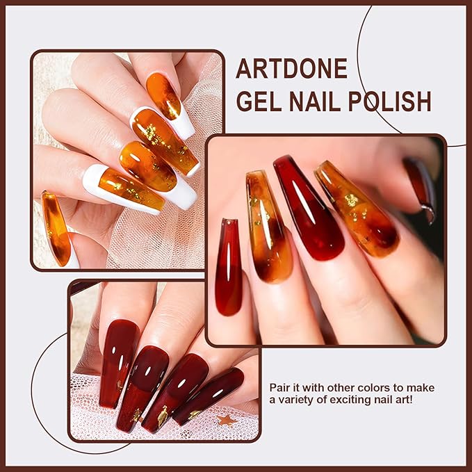 Artdone Sheer Gel Nail Polish Set Jelly UV Gel 6 Colors Translucent Amber Nude Brown Colors Nail Polish For All Seasons Neutral Soak off LED Lamp Gel Manicure Kit For Nail Art