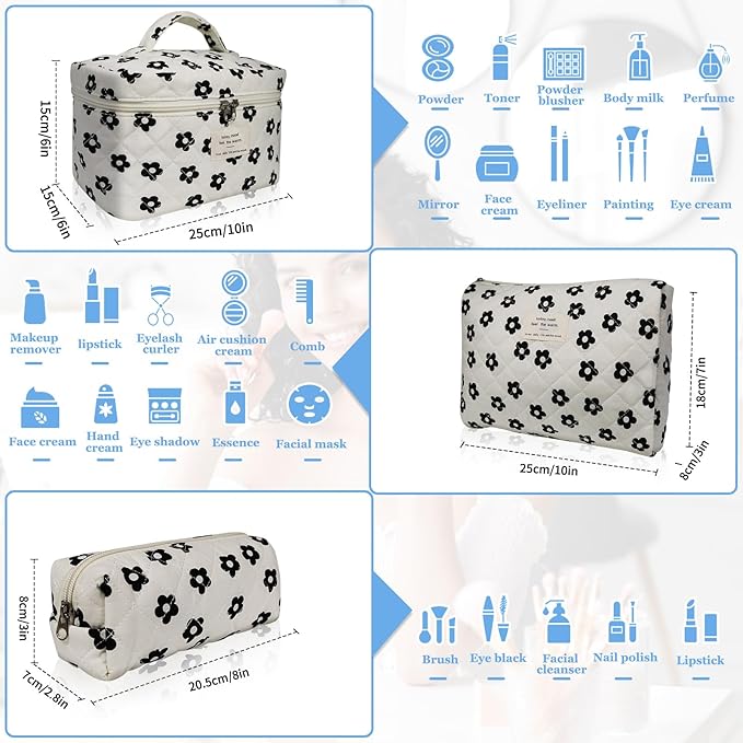 3pc Makeup Bag Set, Quilted Makeup Bag Set, Large Floral Cosmetic Bag for Women, Cute Cotton Makeup Bags, Flower Travel Toiletry Organizer Bag (Black Flowers)