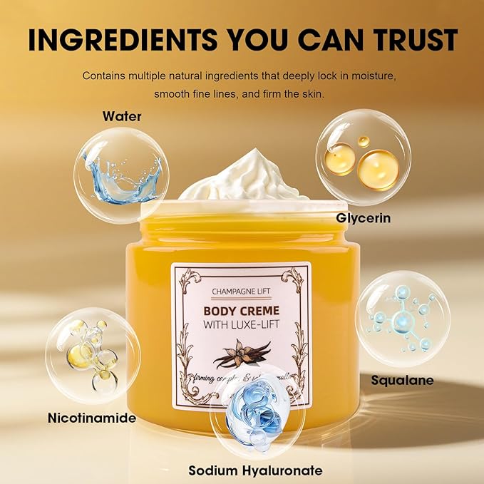 Champagne Body Creme, Champagne Lift Body Creme with Firming Complex & Pink Pepperslim, Deep Hydration & Smoothing Body Cream, Firms & Lifts Arms & Legs, Hydrates Dry Skin, Vanilla Scent