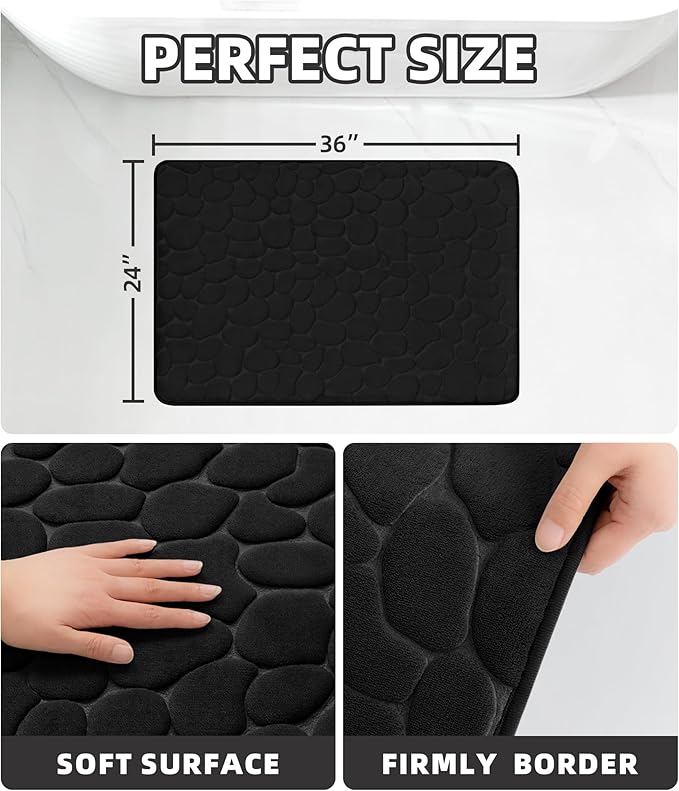 YIHOUSE Memory Foam Bath Mat Cobblestone Bathroom Rugs Super Water Absorbent Bath Mats for Bathroom Machine Washable Bath Rugs(24 x 36,Black)