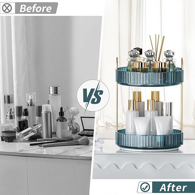 360° Rotating Makeup Organizer, Bathroom Organizers and Storage Holder Rack, Large Capacity Vanity Shelf Countertop, Fits Cosmetics, Perfume, Skin Care(Blue, 2 Tiers)