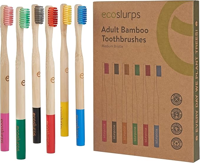 EcoSlurps 6 Bamboo Toothbrushes Multipack - Award Winning Round Handle Soft Medium Bristle Wooden Toothbrush Family Set Bulk (6 Pack)