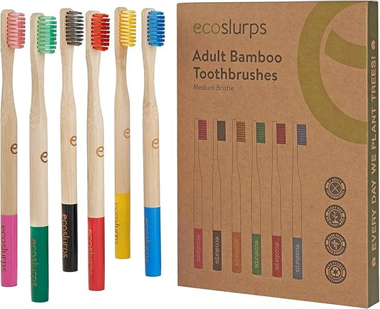 EcoSlurps 6 Bamboo Toothbrushes Multipack - Award Winning Round Handle Soft Medium Bristle Wooden Toothbrush Family Set Bulk (6 Pack)