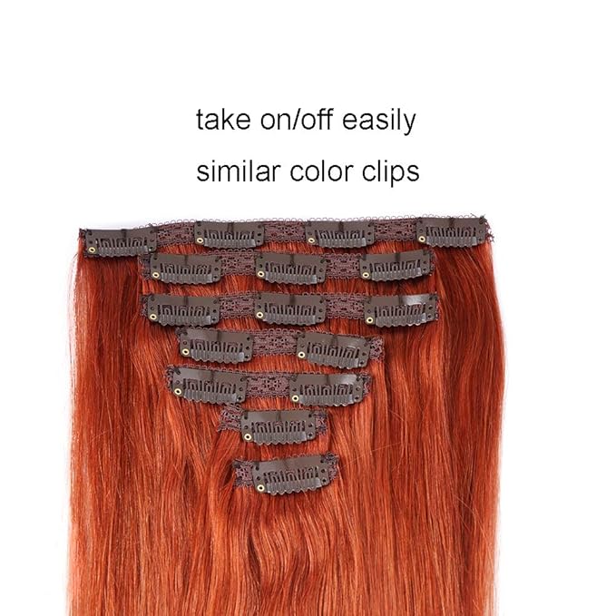 14" Clip in Human Hair Extensions Full Head 110g 7 Pieces 16 Clips Copper Red Double Weft Brazilian Real Remy Hair Extensions Thick Straight Silky (14" 110g, 350)