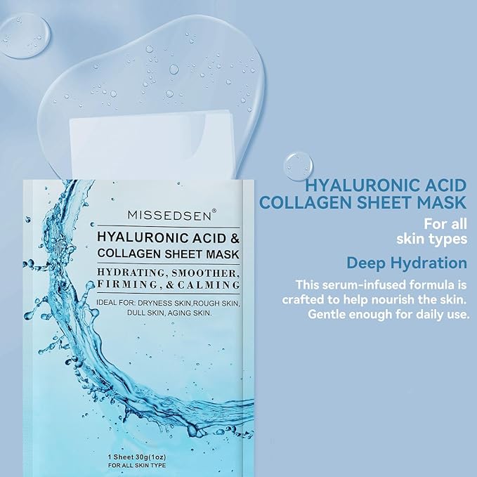 Collagen Face Mask with Hyaluronic Acid, Vitamin E Oil for Skin Care Hydrating, Moisturizing, Brightening & Anti Aging Face Masks Skincare for Oil, Dry, Acne, Sensitive All Skin Types 25PCS