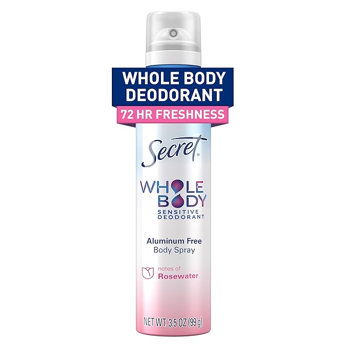 Secret Whole Body Deodorant for Women, Rosewater Scent, Aluminum Free Deodorant Spray, 72 HR Odor Protection, 3.5 oz