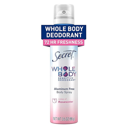 Secret Whole Body Deodorant for Women, Rosewater Scent, Aluminum Free Deodorant Spray, 72 HR Odor Protection, 3.5 oz