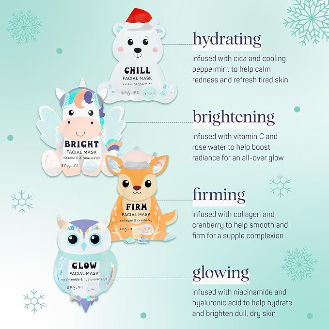 SpaLife Beauty Winter Wonder Animals Christmas Face Mask Bundle | Korean Facial Masks | Hydrating, Firming and Glowing Sheet Mask Set | Christmas Gifts for Women | 12 Pack