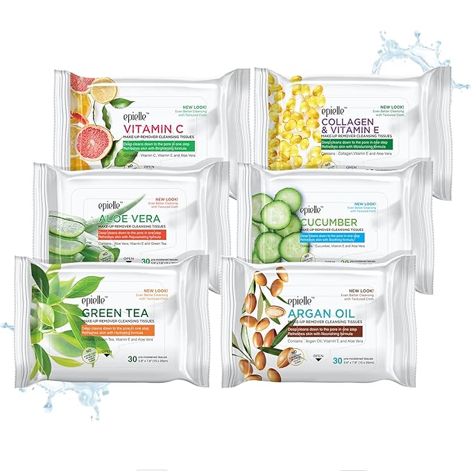 Epielle Gentle Skin Cleansing Wipes, 6 pack of 30 count each of Vitamin C, Cucumber, Aloe Vera, Collagen&Vitamin E, Green Tea, and Argan, Alcohol-Free, Hypoallergenic, Natural Extracts, Oily Skin.