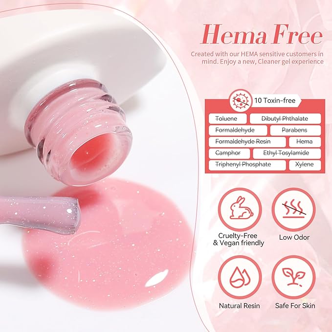 Born Pretty Jelly Gel Nail Polish Jelly Glitter Pink Gel Polish Holographic Shimmer Pink Natural Translucent Soak Off Hema-Free Gel Polish Nail Art DIY 15ML