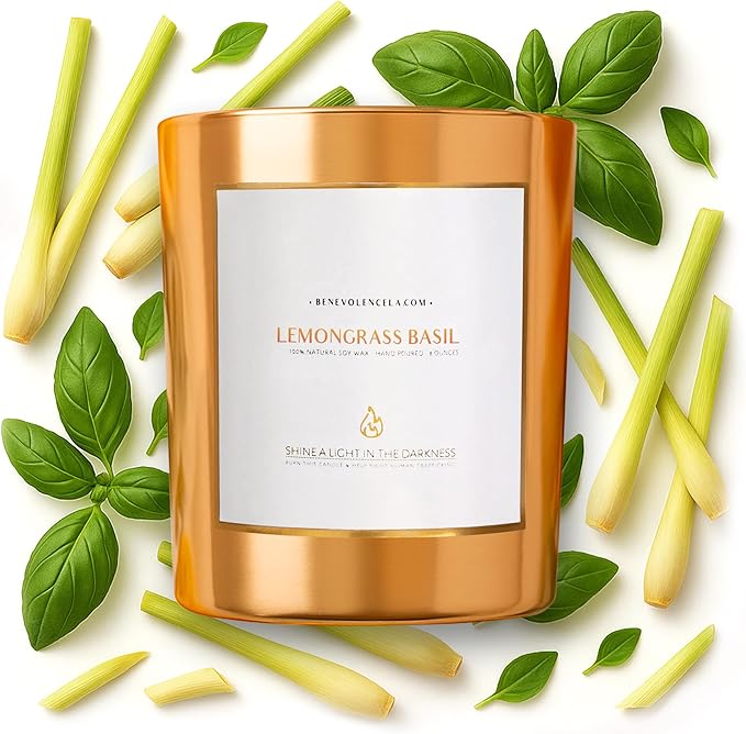 Benevolence LA Lemongrass & Basil Wood Wick Candles | Soy Christmas Scented Candles for Home | Holiday Candle Gifts for Women and Men | Home Fragrance | Aromatherapy | Shelf Decor | 8oz, 45 Hour Burn