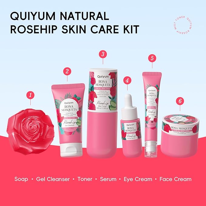 Rosehip Skin Care Sets, Gift Sets for Women, 6 Daily Routine Beauty Skincare- with Face Cleanser, Toner, Eye Cream, Cream, Serum, Handmade Soap, Facial Skin Care Product for Travel