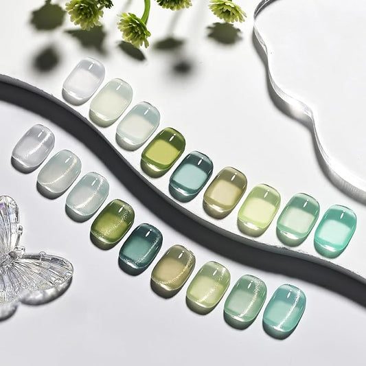 JODSONE 9 Green Colors Jelly Gel Nail Polish Set with Base Coat Top Coat Women's Holiday Gifts