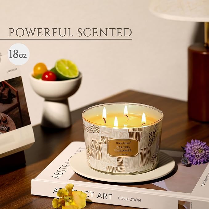 HomeLights Soy Wax Candles for Home Scented, 4-Wick Candles in Salted Caramel Scented, Rustic Modern Aromatherapy Candles Gift for Parties, Relaxing, 18oz
