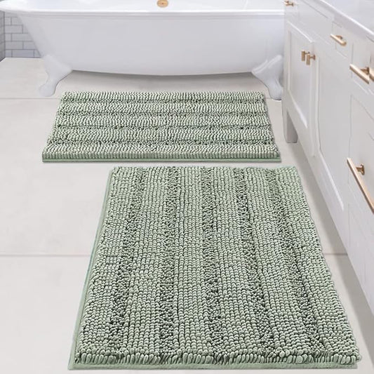 H.VERSAILTEX Bathroom Rugs Bath Mats Sets Super Absorbent Chenille Striped Bath Mats Non Skid Machine Wash Dry Rugs for Bathroom Floor Set of 2(Sage, 24 x 36 Plus 20 x 32 - Inches)