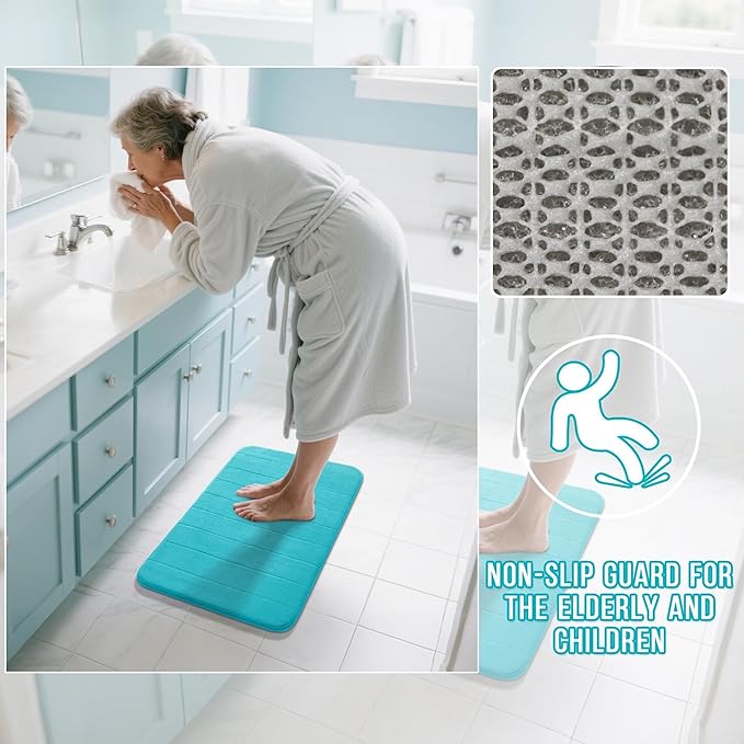 Yimobra Memory Foam Bath Mat, Super Soft Absorbent Bathroom Rug Non Slip, Quick Dry, Machine Washable Floor Carpet for Tub Shower, Home Decor Accessories, 24x17, Lake Blue