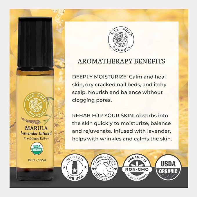 Silk Road Organic Marula Oil & Lavender Essential Oil Roll On, USDA Certified - Deep Hydration for Nails, Hair, Feet, Face, Body - 10 ml Aromatherapy Roller