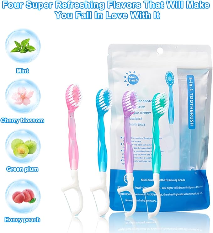 5 in 1 Toothbrush & Floss, 26Pcs mini toothbrushes with Toothpaste, All in one Oral Care on The go, 5 in 1 mini Brush, Toothpaste and Floss, Disposable Travel Toothbrush Set (3)