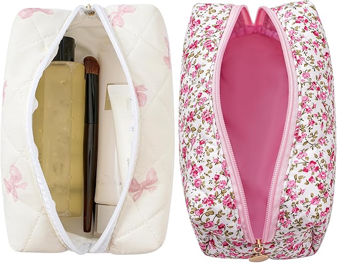 Makeup Bag Travel Cosmetic Bag for Women Girls, Zipper Make Up Pouch, Floral Flowers Toiletry Organizer Makeup, Portable Storage Cosmetic Travel Cloth Bag (Pink Bow Tie+Flower-Red)