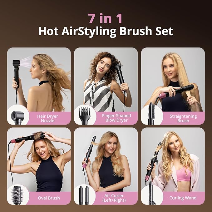 7-in-1 Air Wrap Hair Styler, Fast Drying Blow Dryer & Curling StylingTool, Hot Air Styler No Heat Damage, Hot Air Styler Wrap for Curling Volumizing Straightening Styling (Blush Pink)
