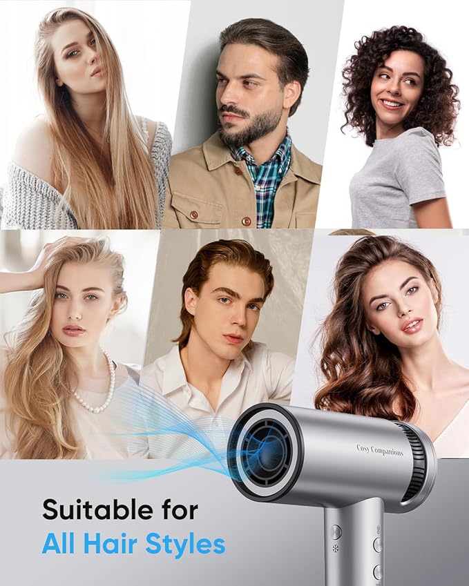 Hair Dryer - High-Speed 150,000 RPM Hairdryer for Fast Drying, 500Million Negative Ionic & Thermo-Control & Cool Shot Button & Lightweight & HD Display Blow Dryer with Magnetic Diffuser & Nozzle