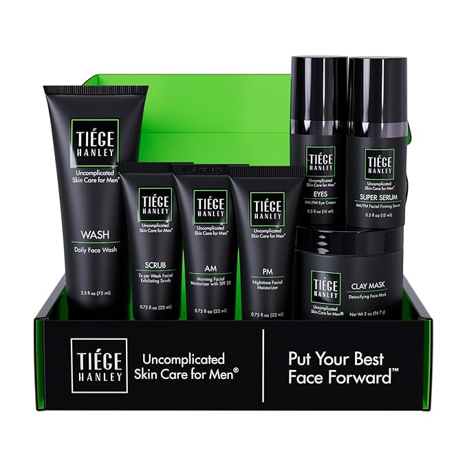 Tiege Hanley Skin Care Set for Men, Revitalization Routine, System Level 4, Face Wash, Scrub, Moisturizers, Eye Cream, Serum, & Clay Mask for Healthy, Hydrated Skin, Men’s Skin Care, 7 Piece Kit