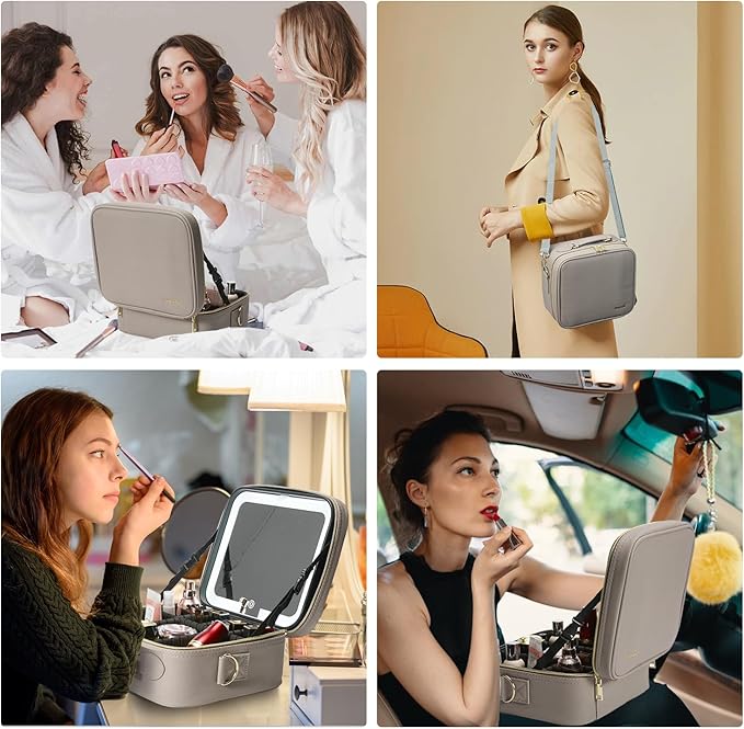 Mocado Travel Makeup Bag with LED Lighted Mirror,Travel Makeup Organizer,Makeup Case with 3 Color Lighted Setting and 10x Magnifying Mirror,Portable Storage and Adjustable Dividers Makeup Box(Grey)