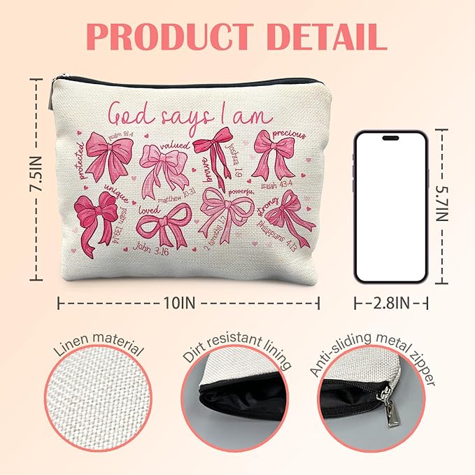 God Says I am Christian Makeup Bag for Women, Christian Gifts for Women Faith, Jesus Coquette Pink Bow Cosmetic Bag for Purse, Bible Verse Makeup Zipper Pouch