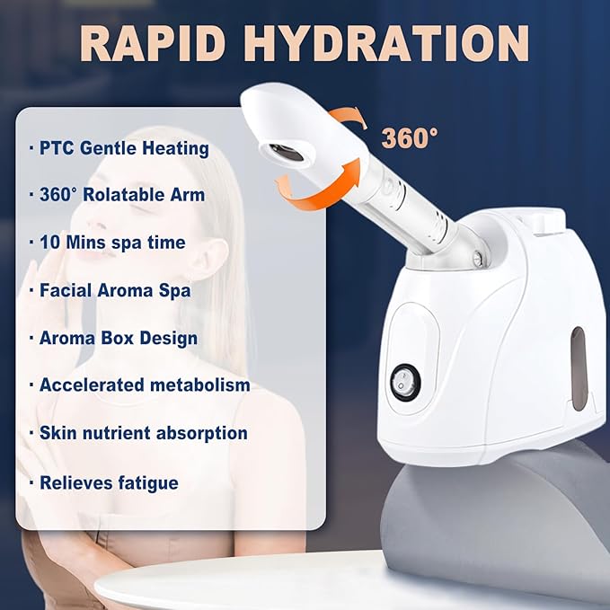 Facial Steamer Nanometer Fine Mist Face Steamer for Facial Deep Cleaning, 360°Can Rotate The Arm，10 Minute Home Facial Spa Mist, Design for Personal Care Use at Home Or Salon Barber