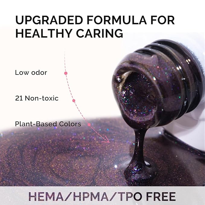 MelodySusie Fleurwee Plant Based Gel Nail Polish, Nail Polish Hema Free 21 Non Toxic Long Lasting No Chip Finger Toe Nail Art Manicure Salon DIY at Home Gifts for Women Glitter Purple P60